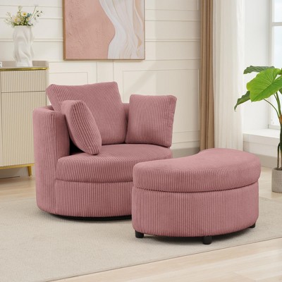 Hyleory Corduroy 360 degree swivel chair, Accent Chair with Ottoman Set, Mid Century Modern Barrel Armchair, Upholstered Club Tub Round Arms Chair
