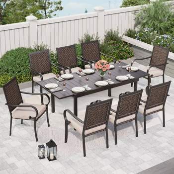 Captiva Designs 9pc Steel Outdoor Patio Dining Set with Extendable Table & Wicker Rattan Chairs with Cushions
