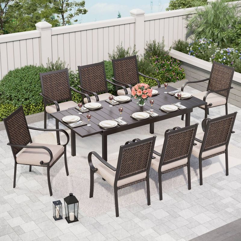 Captiva Designs 9pc Steel Outdoor Patio Dining Set with Extendable Table &#38; Wicker Rattan Chairs with Cushions, 1 of 10
