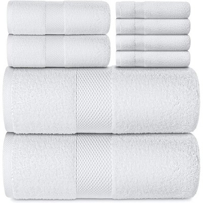 White Classic Luxury 100% Cotton 8 Piece Towel Set - 4x Washcloths, 2x Hand, and 2x Bath Towels