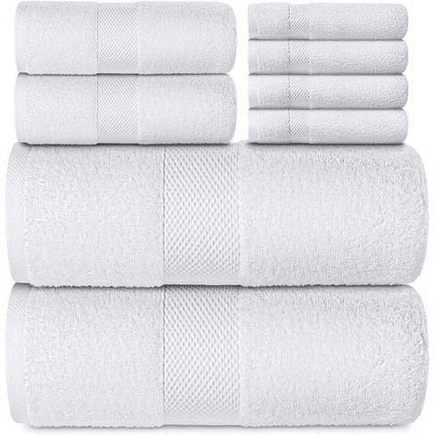 White Classic Luxury 100% Cotton 8 Piece Towel Set - 4x Washcloths, 2x  Hand, and 2x Bath Towels - White