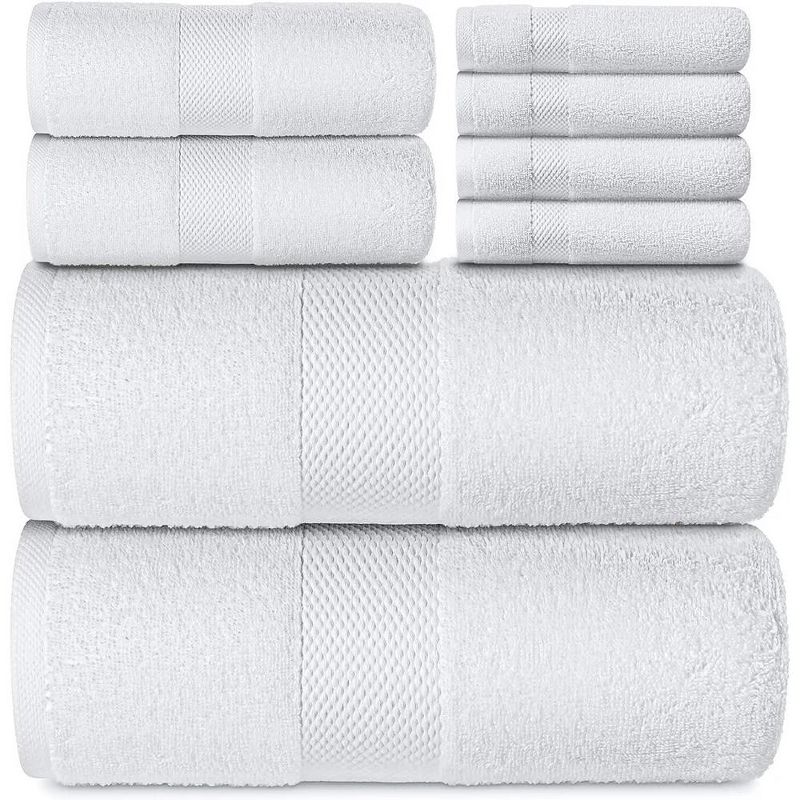 White Classic Luxury 100% Cotton 8 Piece Towel Set - 4x Washcloths, 2x Hand, and 2x Bath Towels, 1 of 6