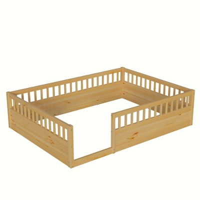 TiramisuBest Full Floor Bed Frame with Fence - Natural Pine Design