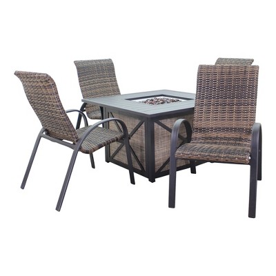 Courtyard Casual Santa Fe 5 pc Square Fire Pit Set with Wicker Chairs  Includes One Square Fire Pit and Four Wicker Chairs
