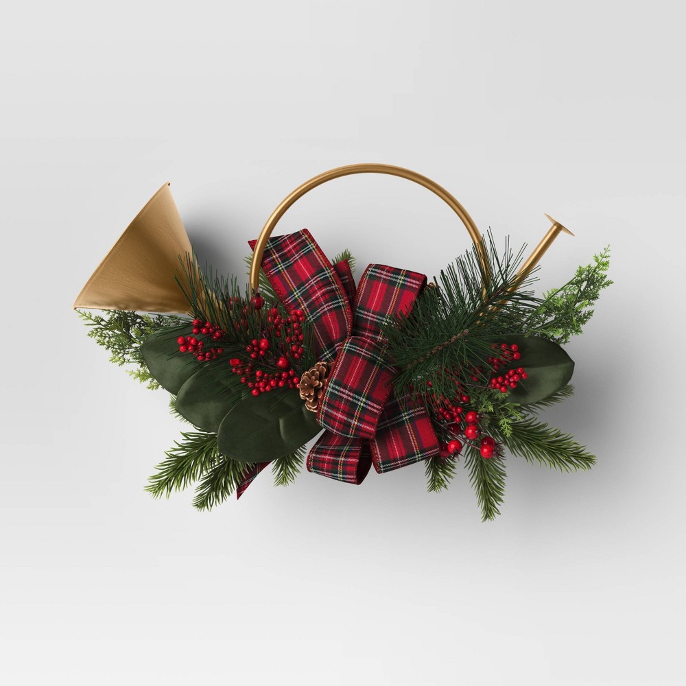 13" Metal Horn with Greenery and Plaid Bow Artificial Christmas Wreath Green/Red - Wondershop™