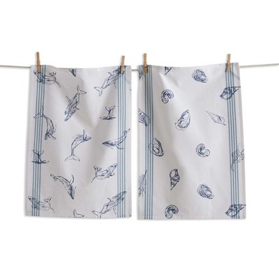tag Sea Shells and Whales Dishtowel Set of 2 Kitchen Towel Cotton Machine Washable, 18 x 27 inch