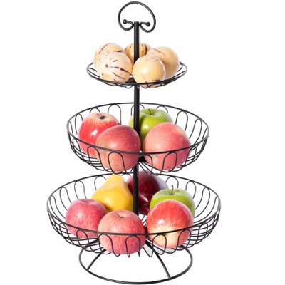 Basicwise 3 Tiers Wire Iron Basket Fruit Bowl, Black
