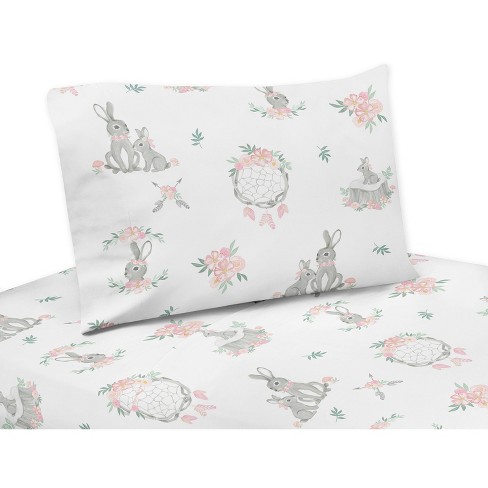 Sweet Jojo Designs Kids Twin Sheet Set Bunny Floral Pink Grey And White ...