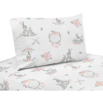 Sweet Jojo Designs Kids Twin Sheet Set Bunny Floral Pink Grey and White 3pc