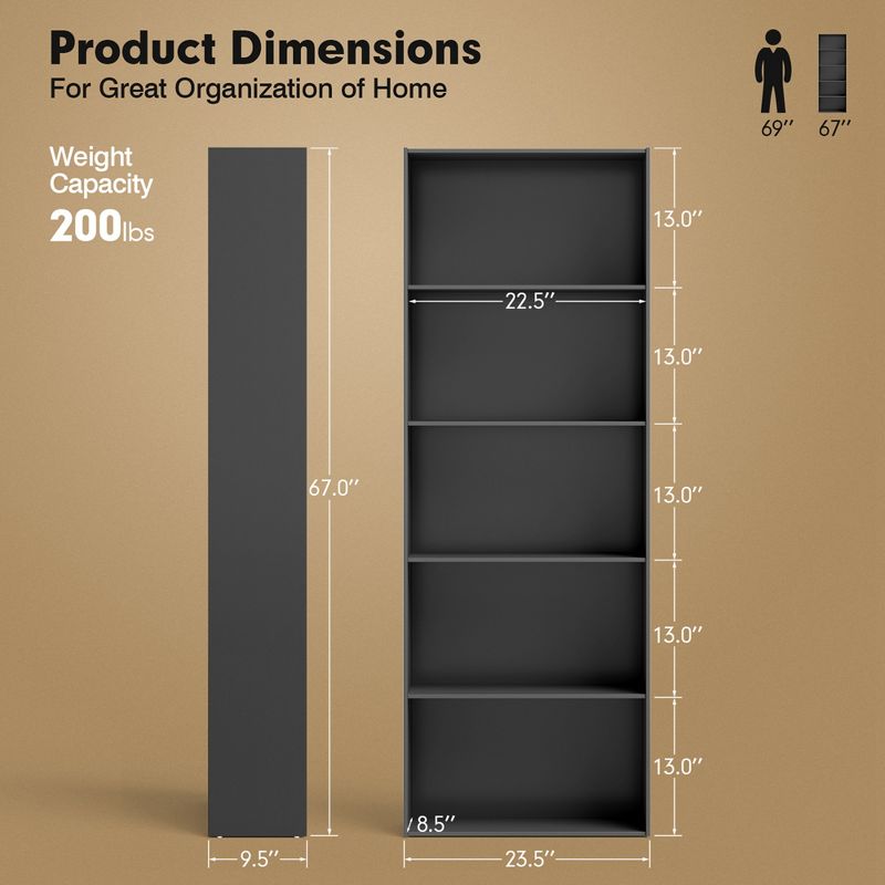 Costway 5-Shelf Storage Bookcase Modern Multi-Functional Display Cabinet Furniture Black/White/Walnut, 3 of 9