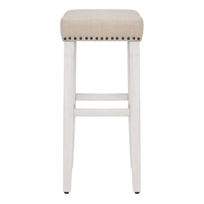 29" Beige Linen Upholstered Wooden Saddle Barstool