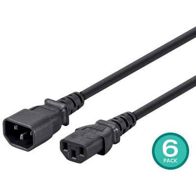 Monoprice Extension Cord - 3 Feet - Black (6 Pack) IEC 60320 C14 to IEC 60320 C13, 16AWG, 13A, SJT, For Powering Computers, Monitors