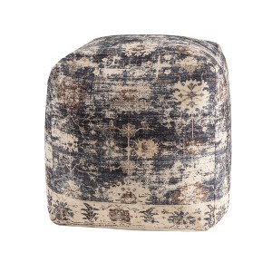HomeRoots 18" Navy Blue and Tan Medallion Pouf Ottoman - 1 of 4