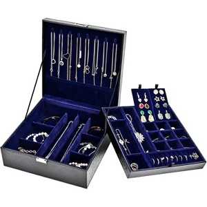 2-Layer Black Leather Jewelry Box with Removable Pad, Large Organizer Storage Case for Earrings and Other Jewelry - 1 of 4
