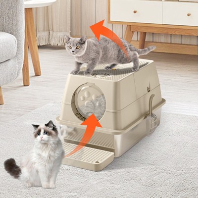 Stainless steel covered cat litter tray, large top entrance enclosed detachable metal cat litter box with flip cover and cat litter scoop