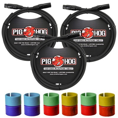 Pig Hog 8mm XLR Microphone Cable Male to Female 6 Ft Mic Cable with Zoom XLR-6c Color ID Rings for Cables - 3 Units