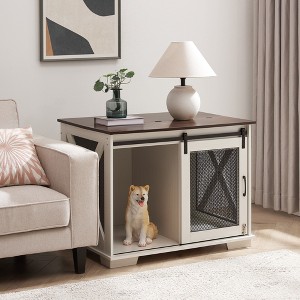 FURNIinspire Farmhouse Dog Cage Crate Furniture with Sliding Barn Door, Farmhouse Wooden Dog Kennel End Table with Flip-top Plate House, - 1 of 4