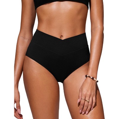 FIONECA Womens V Cut Bikini Bottom High Waisted Cross Front Bathing Swimsuit Full Coverage Swim Briefs