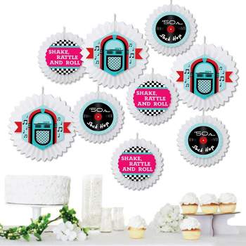 Big Dot of Happiness 50's Sock Hop - Hanging 1950s Rock N Roll Party Tissue Decoration Kit - Paper Fans - Set of 9