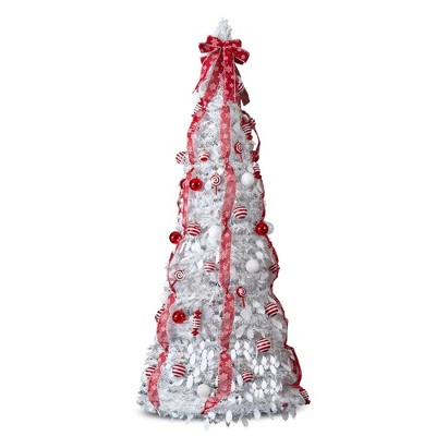 6 FT Fully Decorated Pre-lit Christmas Tree, Pop Up Artificial Xmas Tree with 100 Warm Lights and Red Ornaments for Holiday Decor