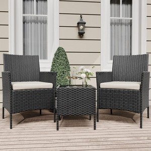 3-Piece Patio Furniture Set, PE Rattan Chairs w/ Soft Cushions & Glass Coffee Table - Outdoor Conversation Set for Garden, Deck, Poolside, - 1 of 4