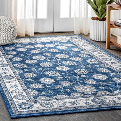 Ivory and Blue Floral Synthetic 4' x 6' Area Rug