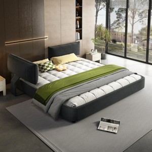 AENKYO King Size Platform Bed Frame with Movable Chenille Upholstered Headboard, Metal+Solid Wooden Slat Double Support - 1 of 4