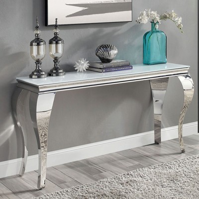 Vynxaria Sofa Table White Glass Top Table for Living Room Stainless Steel Cabriole-Style Legs, Silver