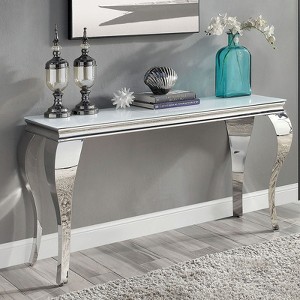 Vynxaria Sofa Table White Glass Top Table for Living Room Stainless Steel Cabriole-Style Legs, Silver - 1 of 4