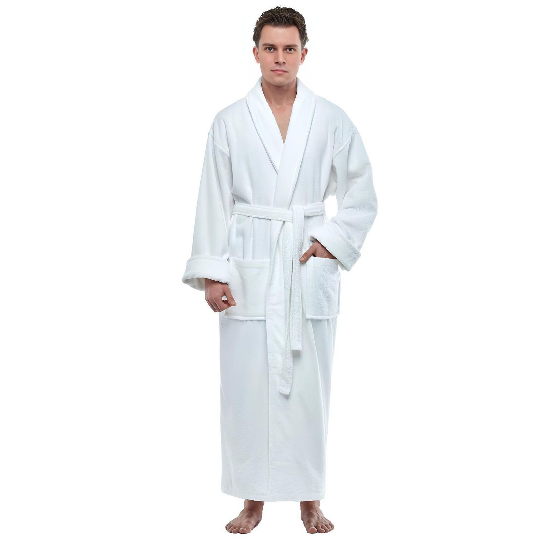 ESKYMODE Mens Terry Cotton Bathrobe, Ankle Length Long Towel Bath Robe , White , XXLarge