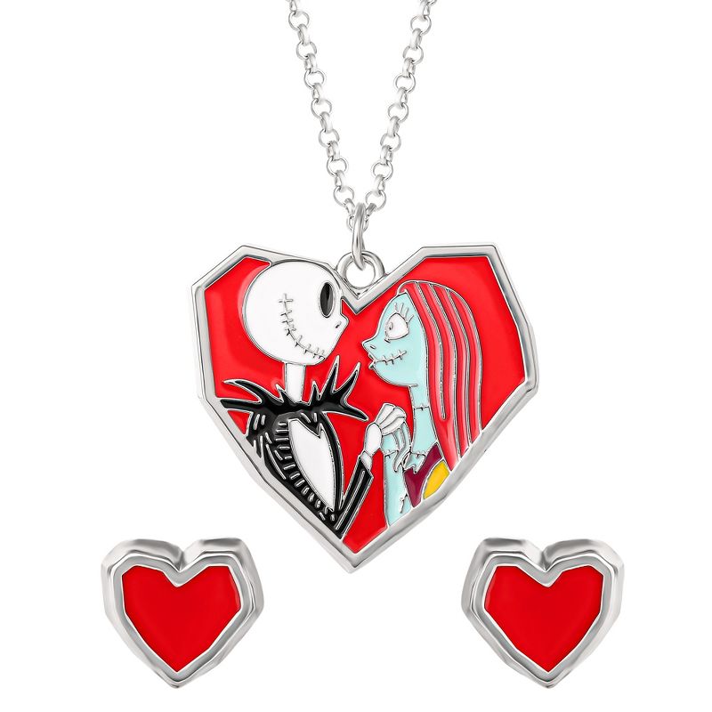 Disney The Nightmare Before Christmas Womens Costume Necklace and Earrings Set - Jack and Sally Heart Necklace with Heart Studs, 5 of 7