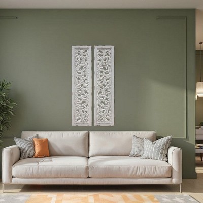 Royal Hampton Carved Wall Art Panel Set of 2, Handcrafted Distressed White Mango Wood, 50 Inch Tall