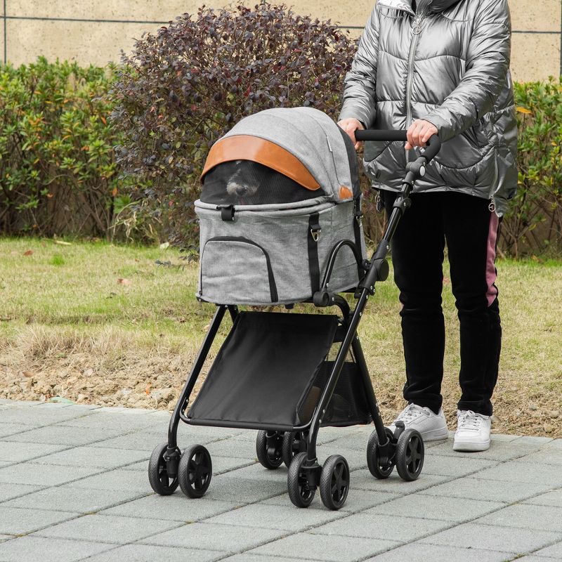 PawHut 2 in1 Foldable Pet Stroller and Detachable Travel Carriage with Lockable Wheels, Adjustable Handlebar Canopy and Zippered Mesh Window, 3 of 9