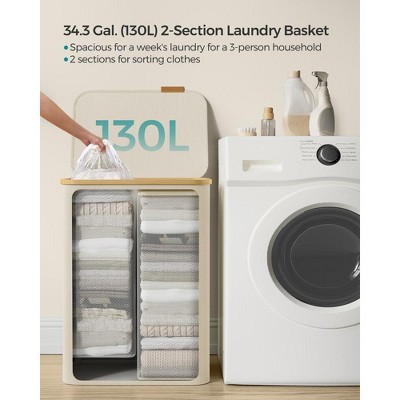 Cream White Collapsible 3-Section Laundry Hamper with Bamboo Lid