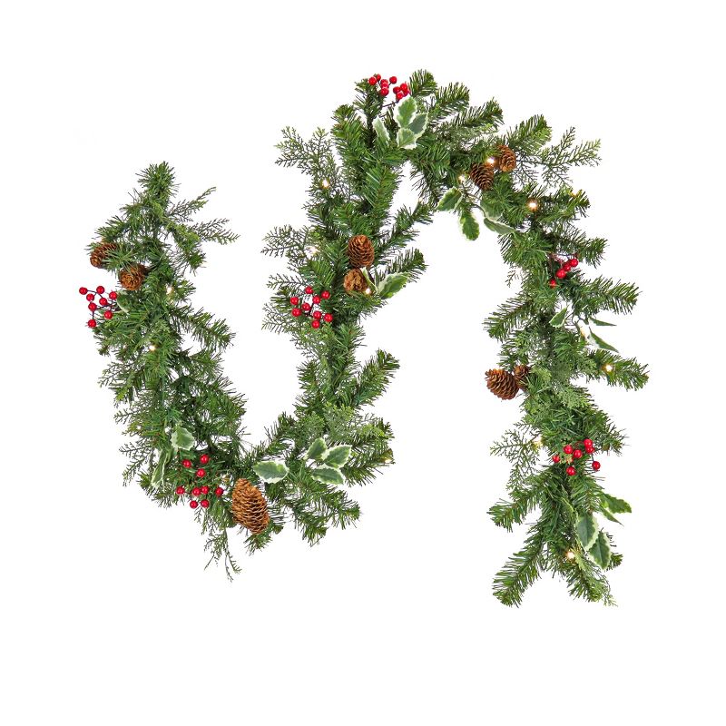 National Tree Company First Traditions Pre-Lit Christmas Evergeen Garland with Pinecones and Berries, Warm White LED Lights, Plug In, 6 ft, 1 of 6