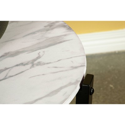 Round White Faux Marble and Black Metal End Table