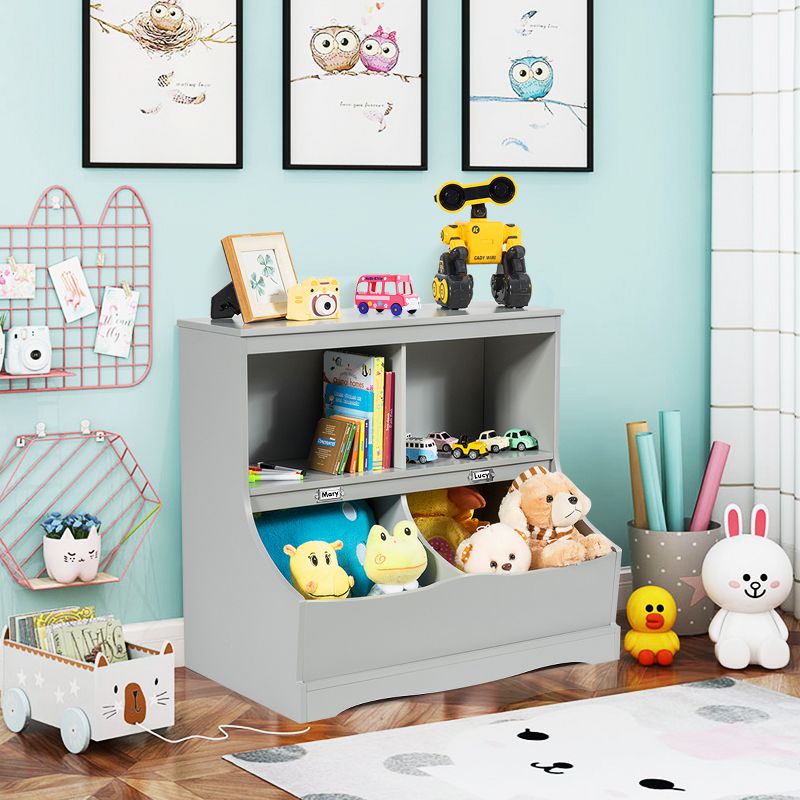 Costway Children's Multi-Functional Bookcase Toy Storage Bin Kids Floor Cabinet GreyWhite, 2 of 13