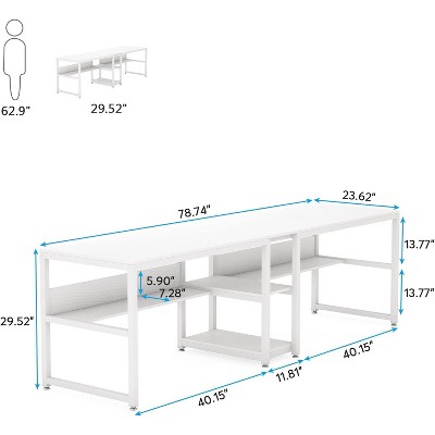 White Double Workstation Desk with Bookshelf and Storage Shelves