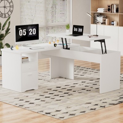 Aheaplus 56'' Lift Top Computer Desk with Drawers and Power Outlets, Lift Top