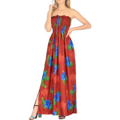 LA LEELA Women's House Daily Routine Evening Wear Boho A line Smocked Dresses Evening Long Tube Top Slit Maxi Dress for Women One Size Red, Floral