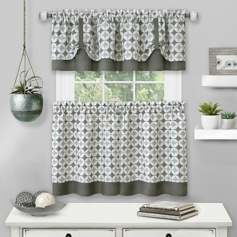 Kate Aurora Modern Geo 3 Pc Kitchen Curtain Tier & Valance Set - 56 in. W x  24 in. L, Gray