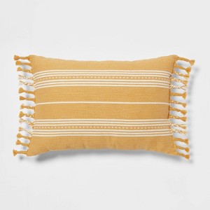 Oblong Woven Stripe Braided Fringe Decorative Throw Pillow Dark Gold - Threshold™: Cotton Blend, Indoor Lumbar Support - 1 of 4