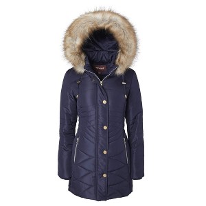 Sportoli Women Longer Length Plush Lined Quilted Winter Puffer Coat Zip-Off Faux Fur Trim Hood - 1 of 4