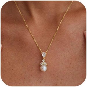 Dainty Pearl Choker 14K Gold Plated Lariat Drop Vintage Wedding Gift - 1 of 4