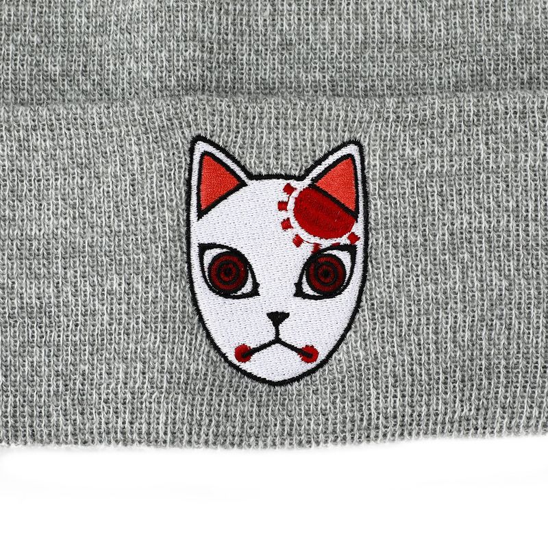 Demon Slayer Tanjiro Fox Mask Athletic Heather Skull Knitted Embroidered Cuffed Winter Beanie, 2 of 4