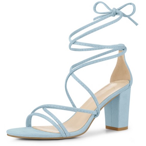 Perphy Women s Faux Suede Open Toe Lace Up Strappy Chunky Heel Sandals Sky Blue 7.5 Target