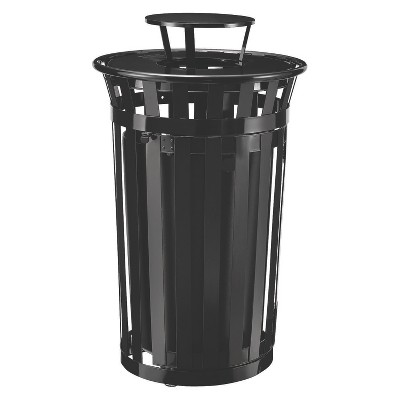 Outdoor Slatted Steel Trash Can, With Access Door and Rain Bonnet Lid, 36 gal, Black