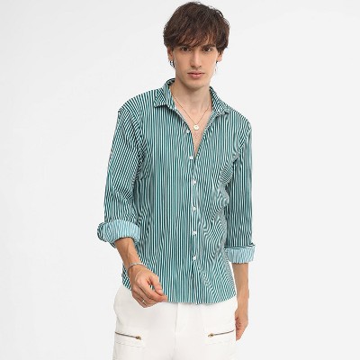 Campus Sutra Men Men's Forest Green & Powder White Pleat-Creased Shirt