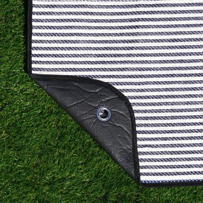 Navy and White Striped Waterproof Picnic Blanket with Leather Straps
