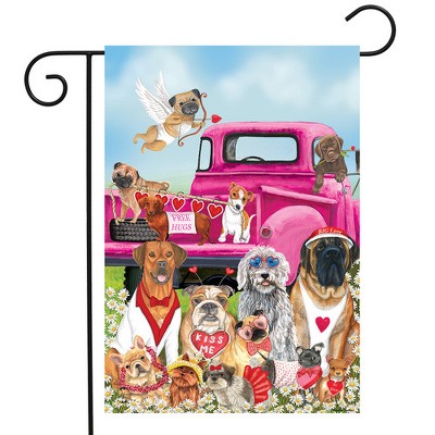 Happy Valentine's Day Dogs Garden Flag with Pink Truck